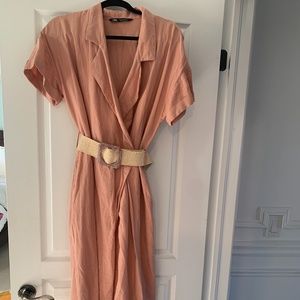 Zara Pink Linen Belted Jumpsuit